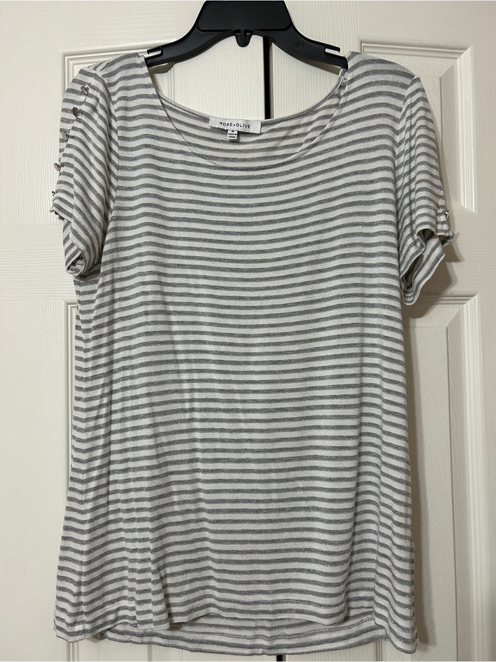 Rose & Olive White and Gray Striped Short Sleeve Tee